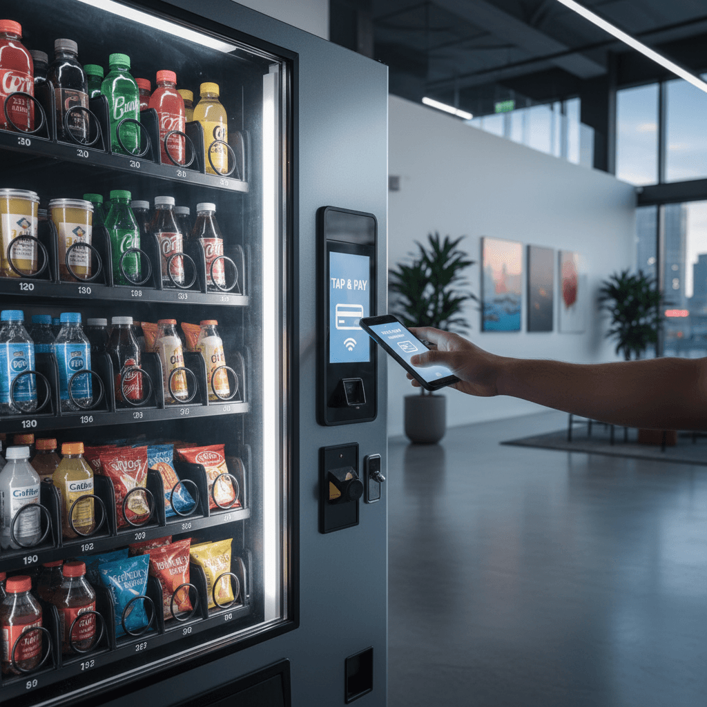 Person tapping smartphone on vending machine payment screen in modern lobby