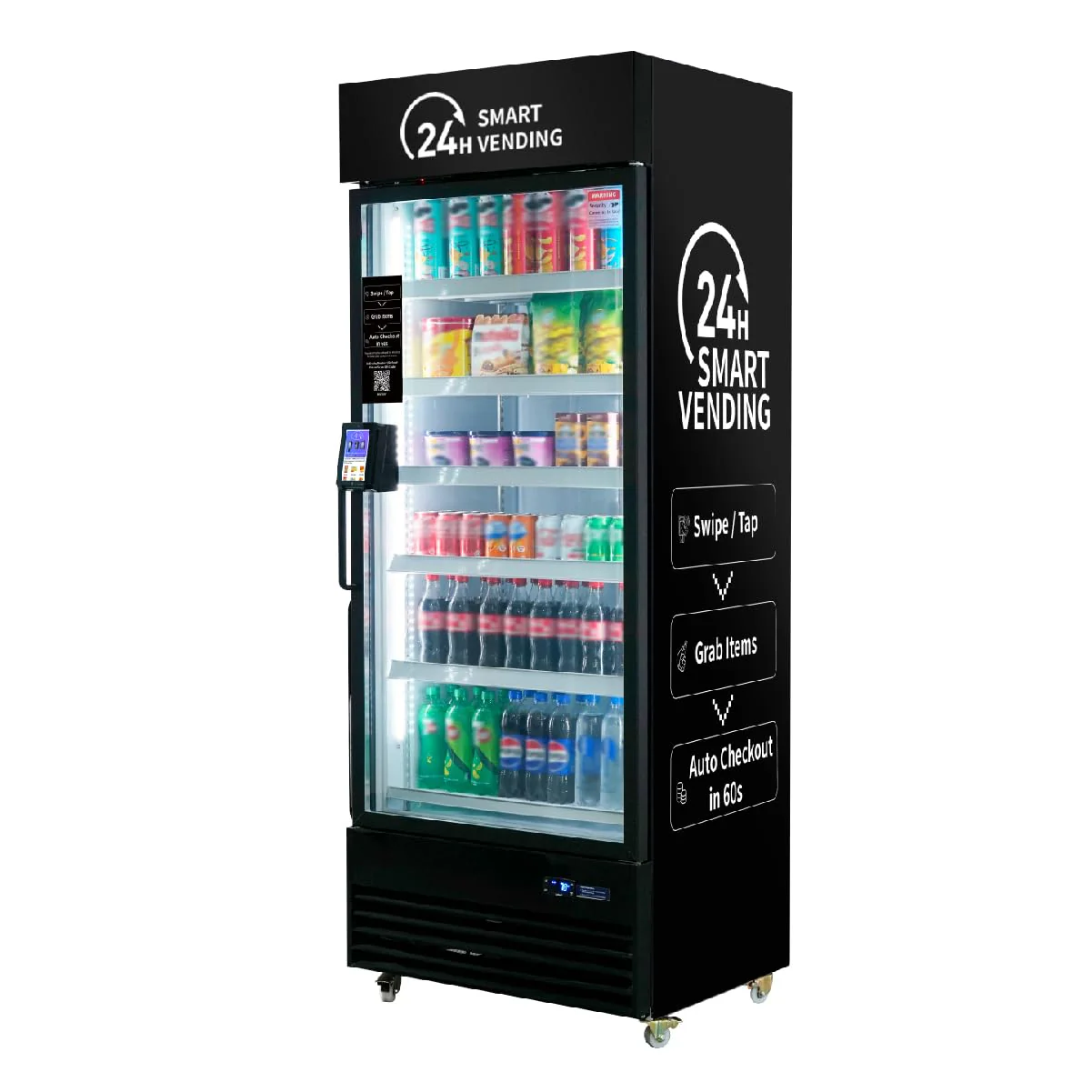 Black smart vending machine with a glass door showcasing assorted snacks and bottled beverages inside.