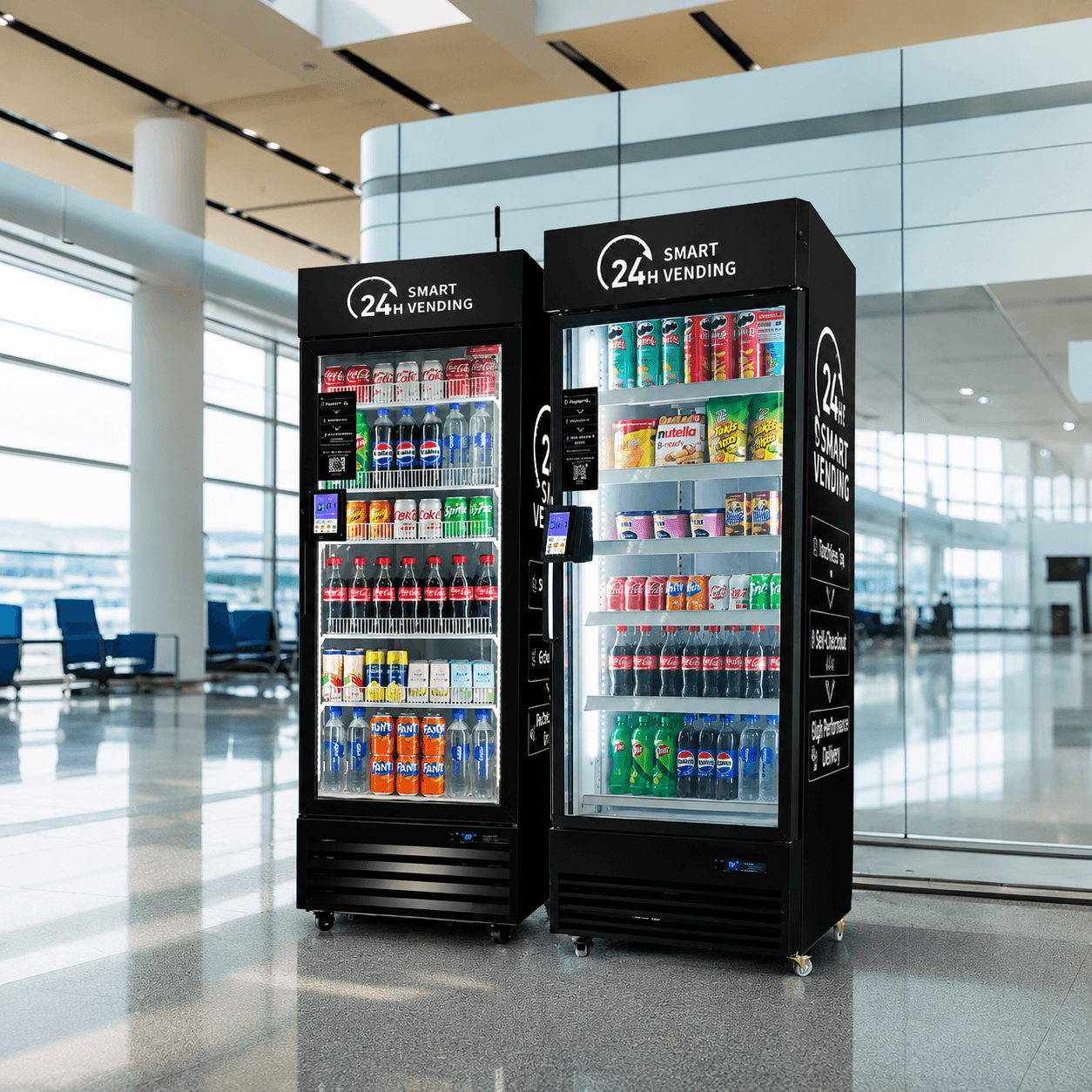 Two black smart vending machines stocked with snacks and drinks in a bright, modern airport terminal.